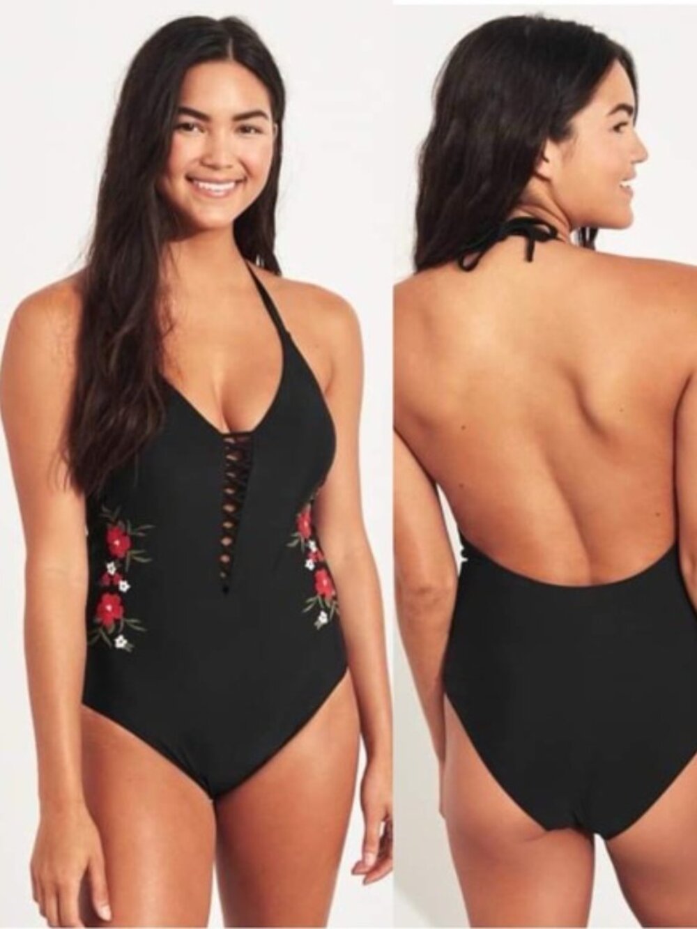 Hollister | Black and Red Floral Emboridered Monokini Swimsuit | Size Large